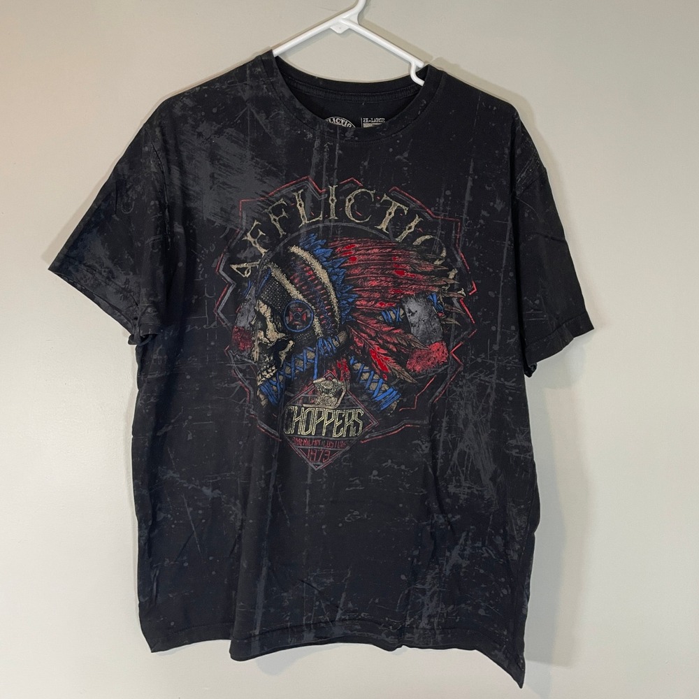 Affliction American Customs Choppers Skull Headdress Graphic Tee Black 2XL Y2K